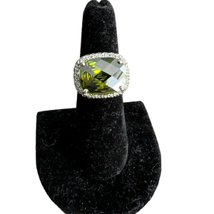 Silver cocktail statement ring with olive green gem & rhinestones - size 6.25
